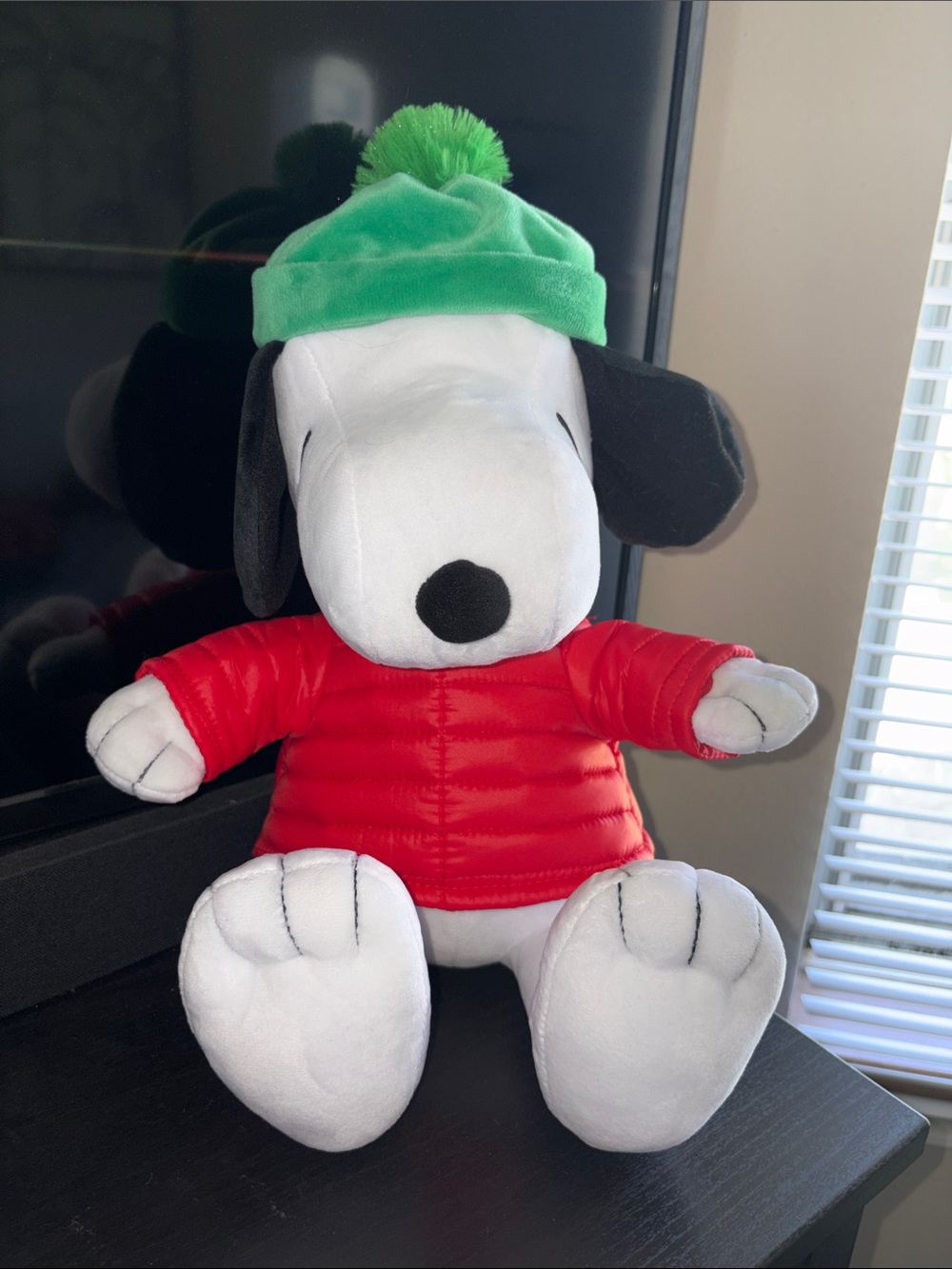 Snoopy Plush in Red Puffer Jacket & Green Beanie